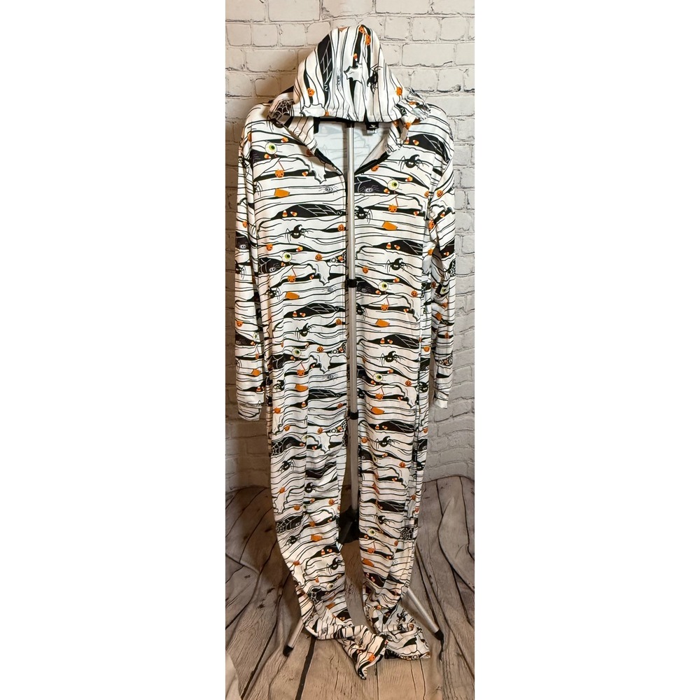 Mens XL Halloween Mummy Print Hooded Footed Pajama Suit White Black Orange